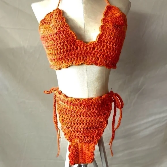 ORANGE ANGORA BLEND CROCHETED BIKINI - Picture 12 of 15